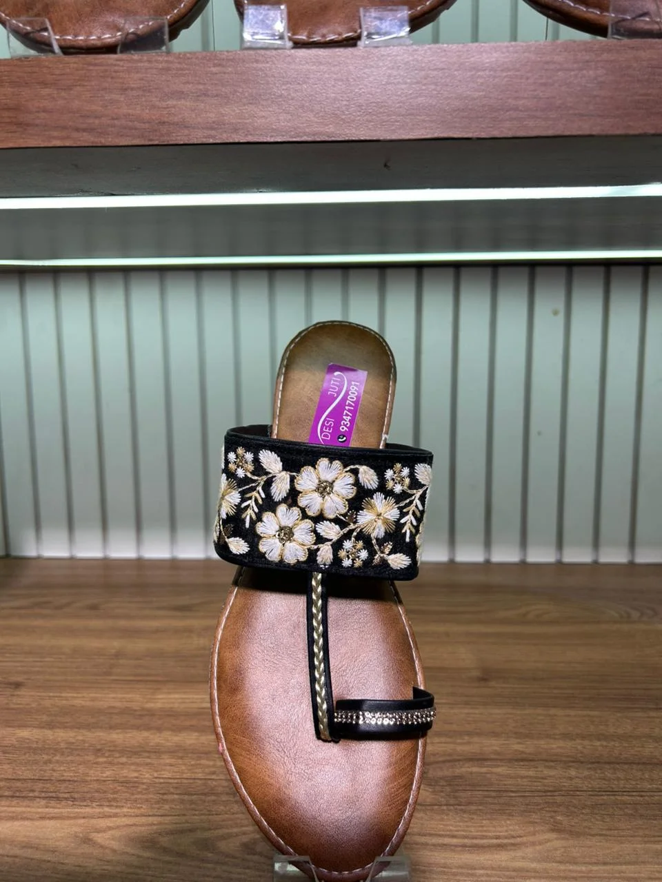 Noir Bloom – Handmade Floral Embroidered Sandals with Braided Toe Loop