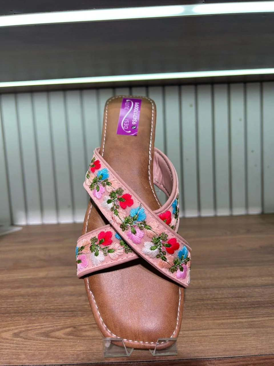 MeadowMuse – Pink Strap Sandals with Pastel Floral Embroidery